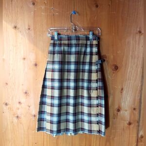 Kenmore Vintage Plaid Tan & Brown Wool Pleated Fringe Scotland Kilt Skirt